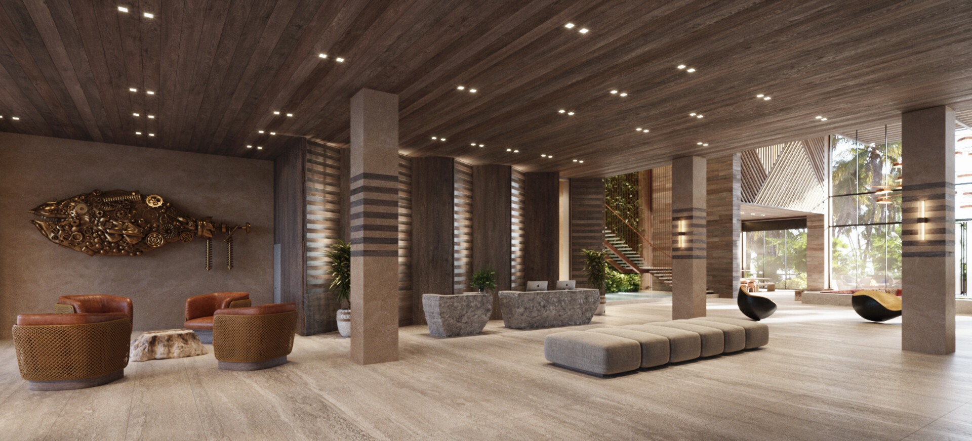 Another angle of seating, high ceilings, and natural materials around the hotel check-in area
