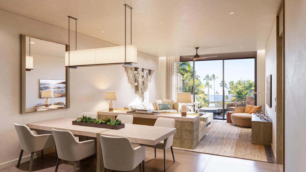 The stylish dining area and living room of the 1-bedroom residence at Grand Hyatt Grand Cayman