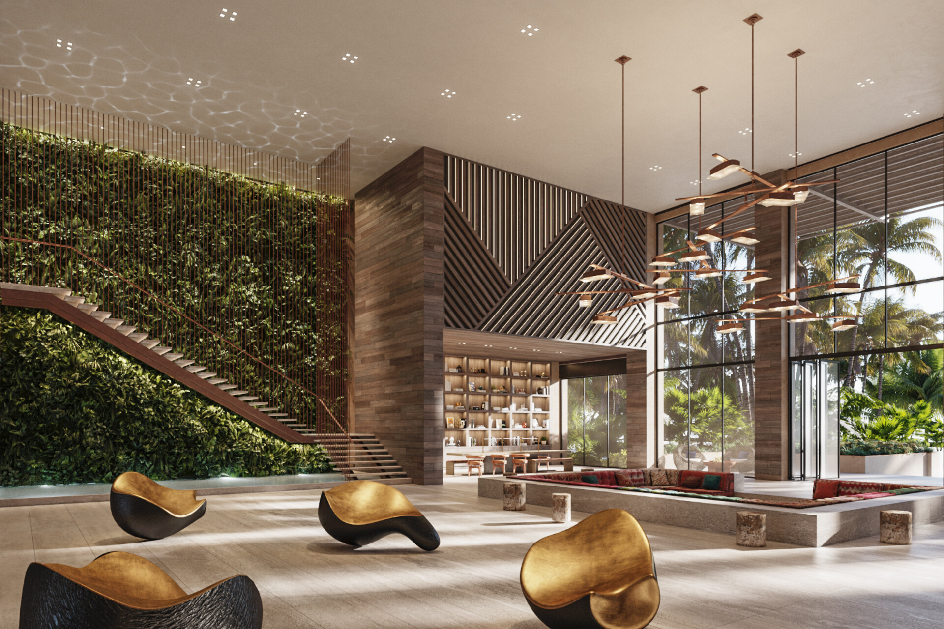 The well-appointed lobby of the Grand Hyatt Grand Cayman Residences, with gold seating and a verdant wall of tropical plants